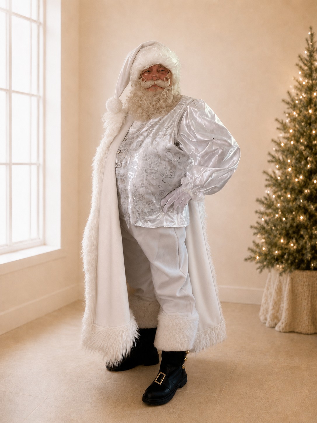 Détail du costume blanc du Père Noël